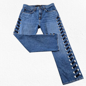 Veronica Beard Stone Blue Ines Lace Up Straight Leg Girlfriend Jeans Size 28